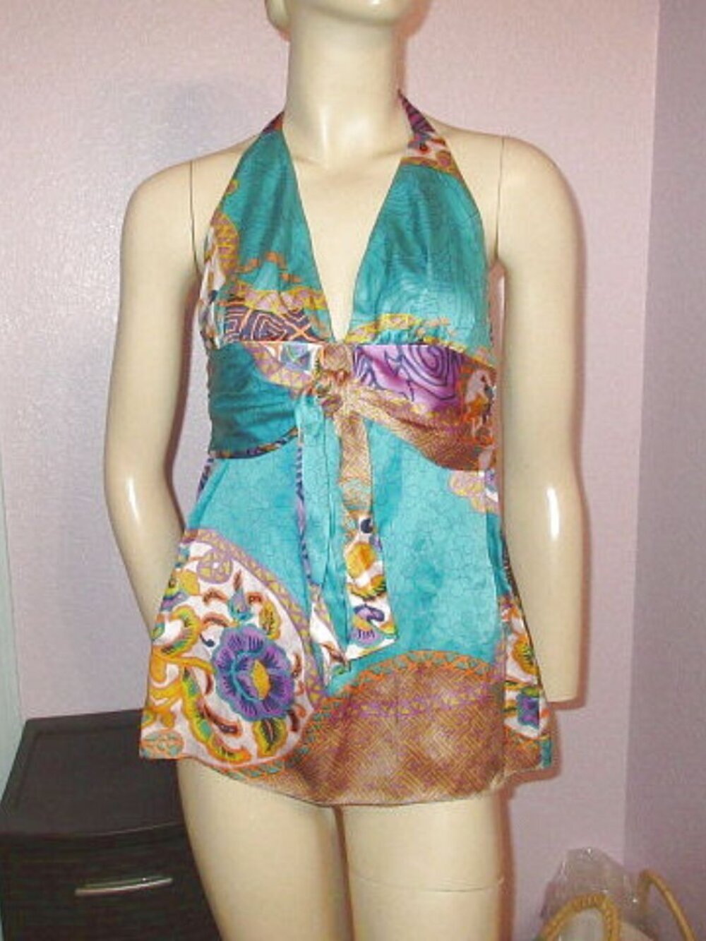 Vtg Y2K Alice Trixie Silk Blouse Top S Tie Back Halter Smocked Floral Babydoll